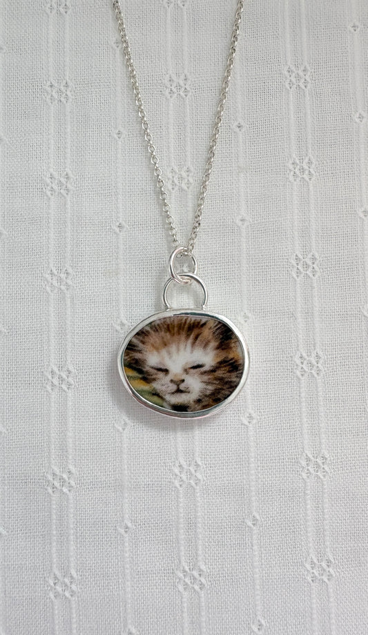 Sleeping Kitten Ceramic Pendant Necklace