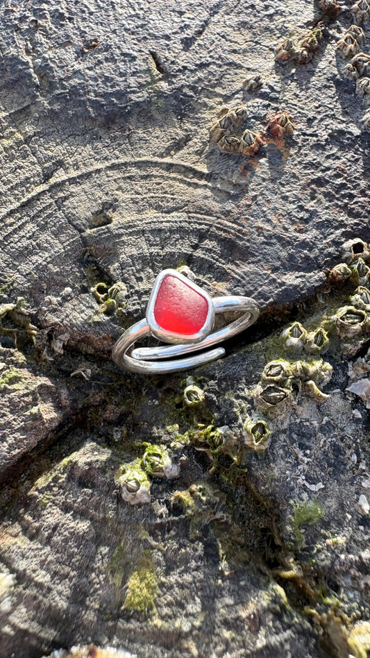 Adjustable Red Seaglass Ring