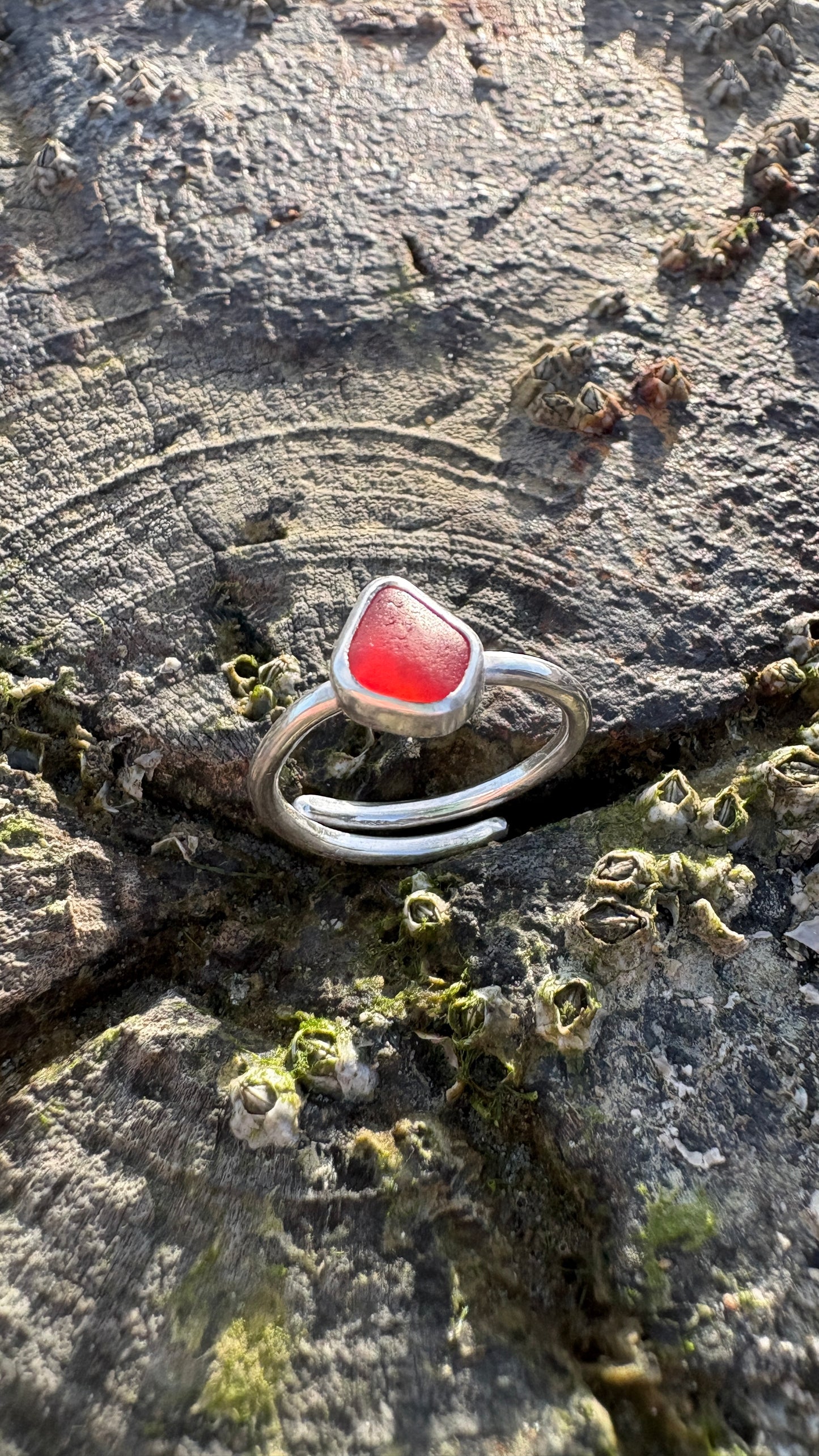 Adjustable Red Seaglass Ring