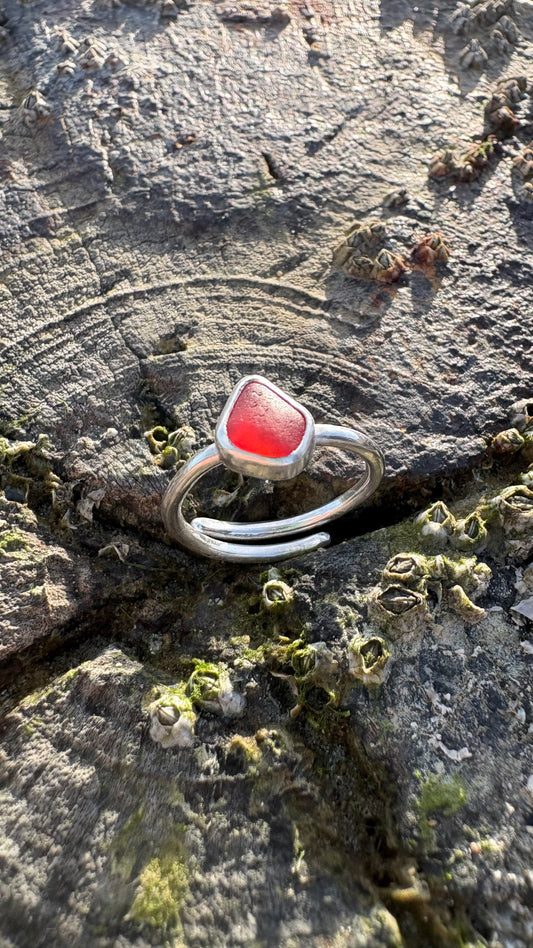 Adjustable Red Seaglass Ring