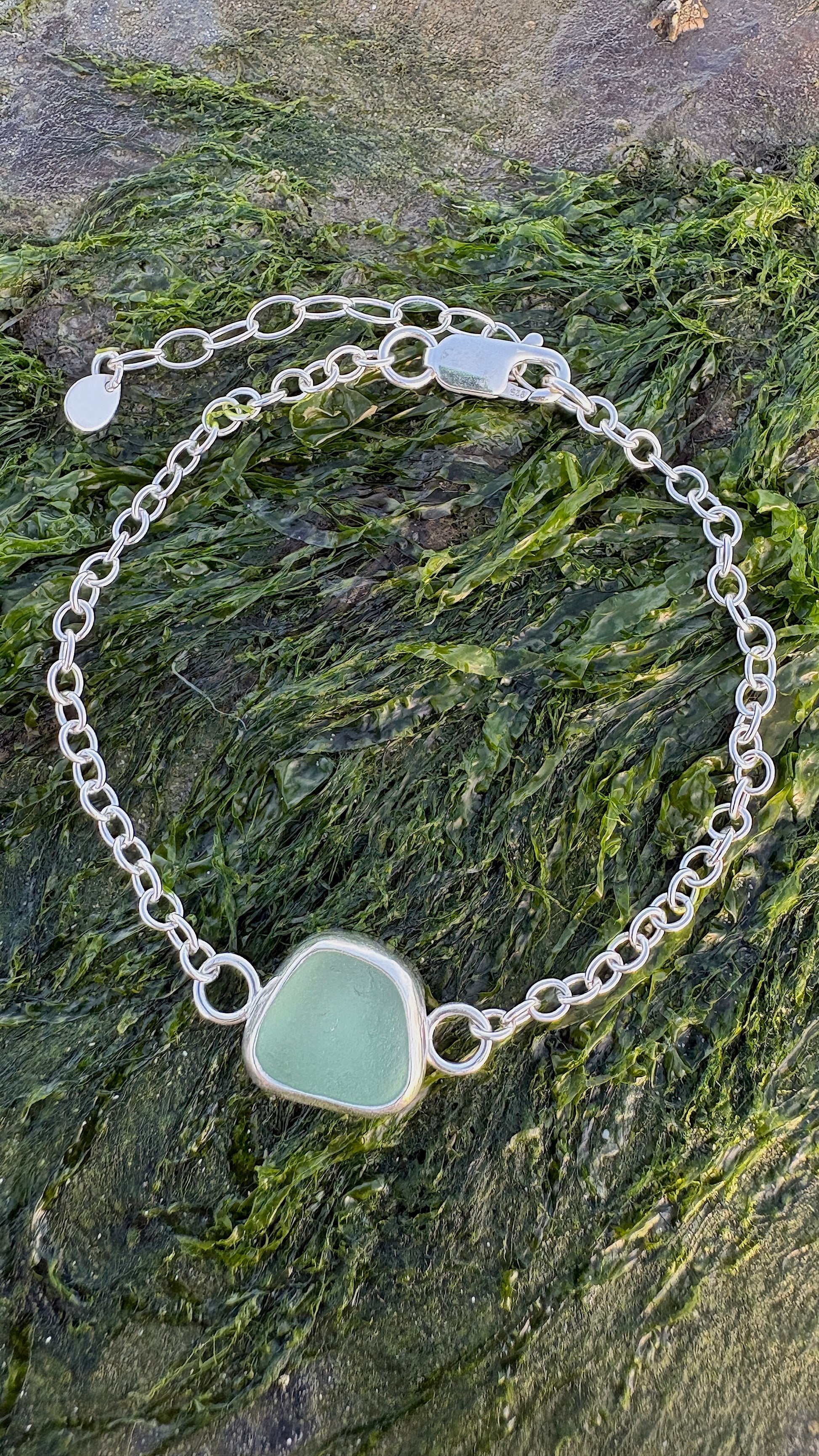 teal seaglass bracelet with extender chain
