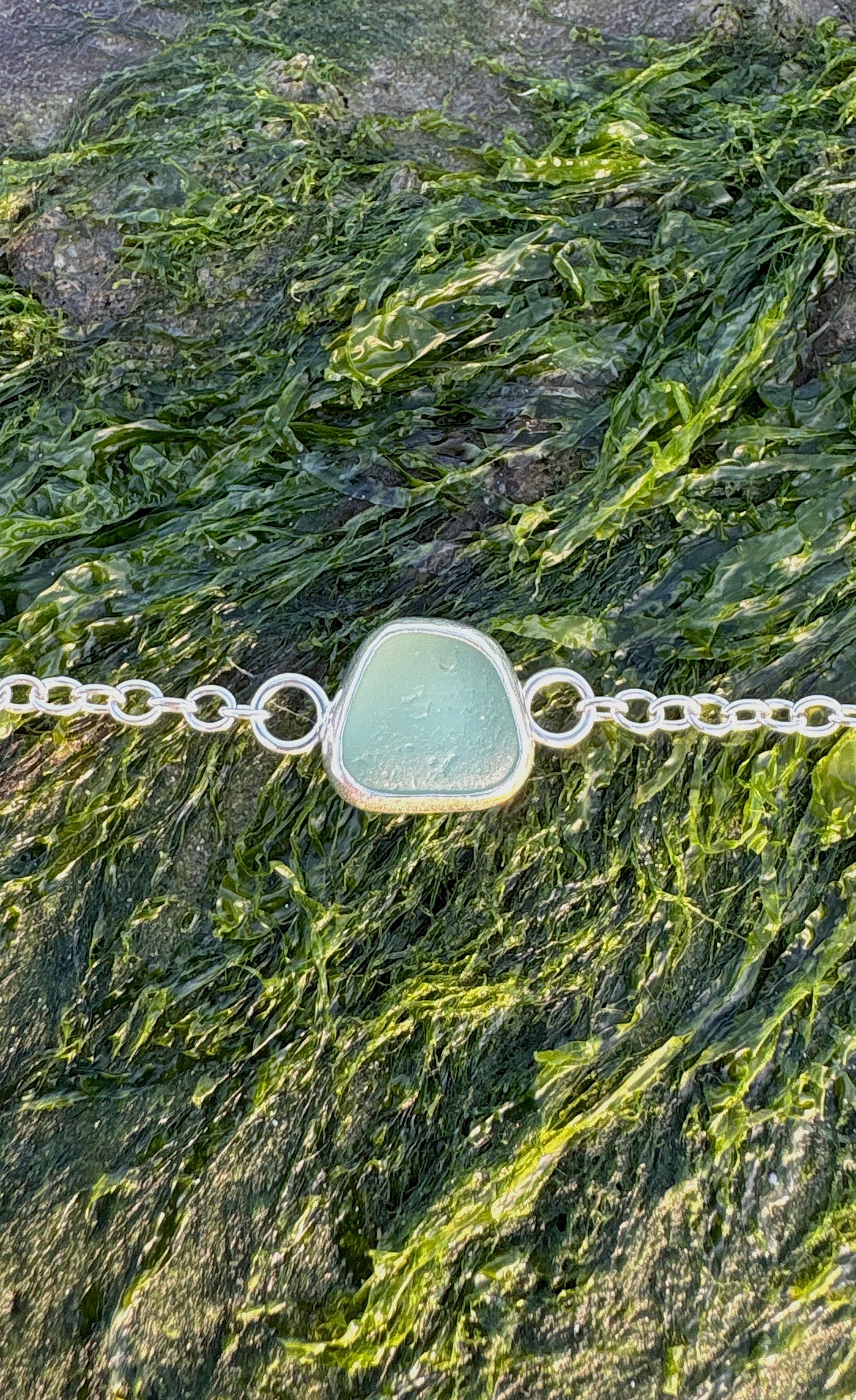 teal seaglass bracelet with extender chain