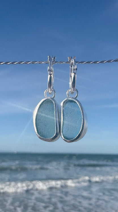 Aqua Blue Seaglass Hoop Earrings