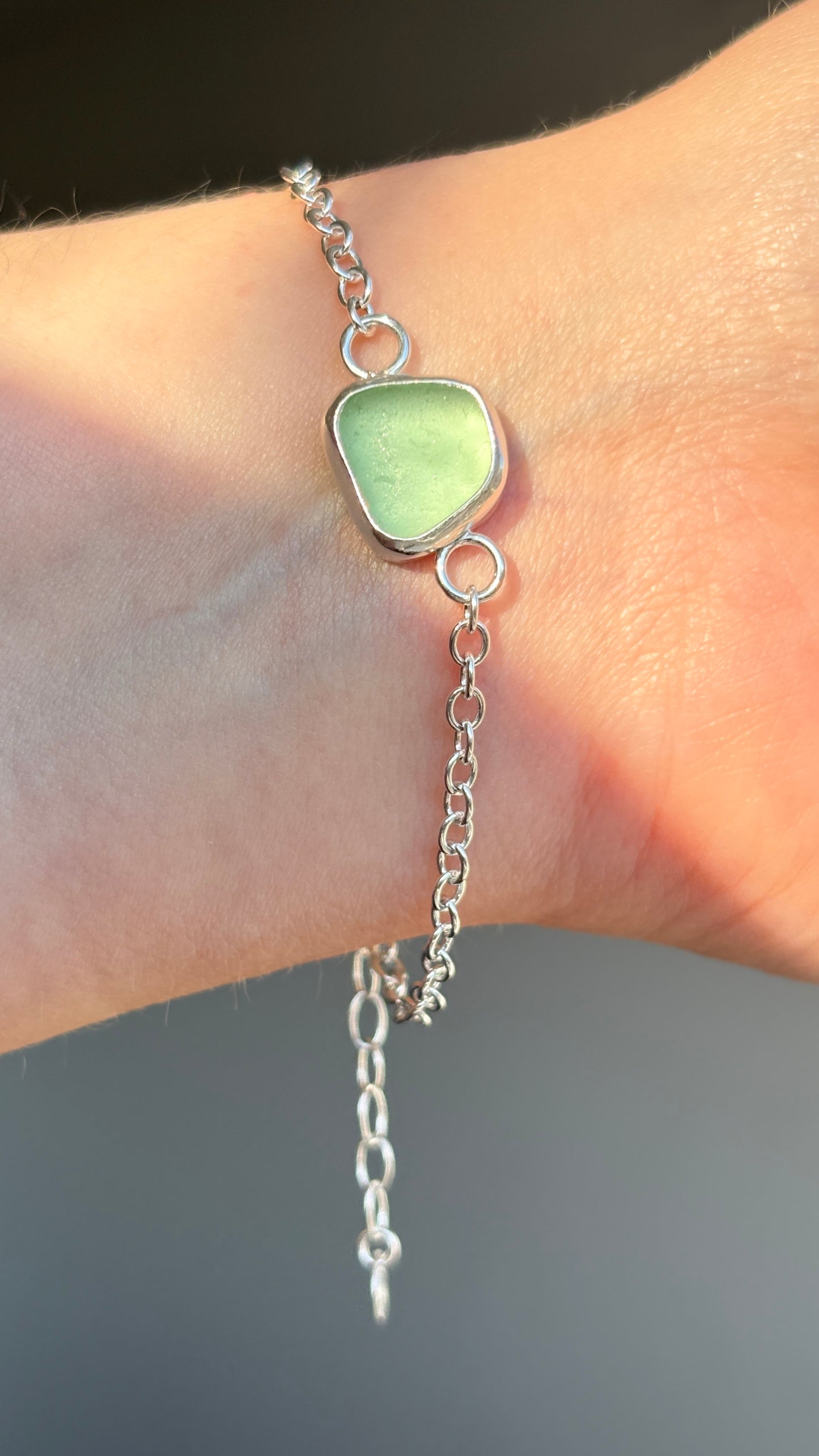 teal seaglass silver bracelet with extender chain
