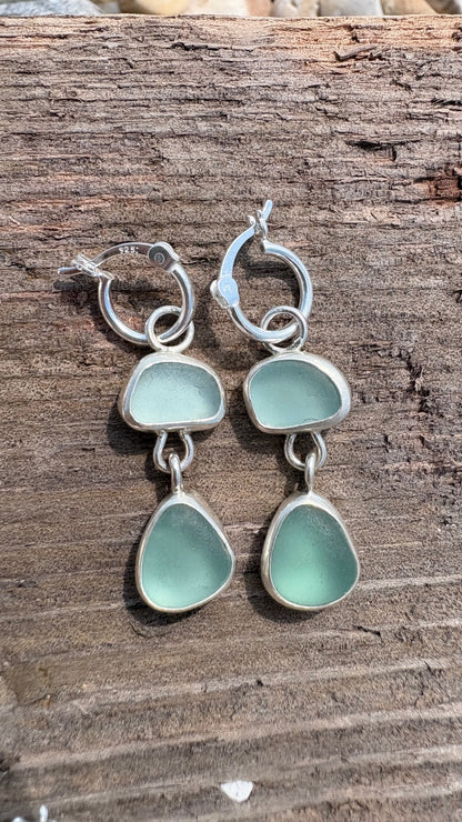 Aqua Blue and Teal Double Seaglass Earrings