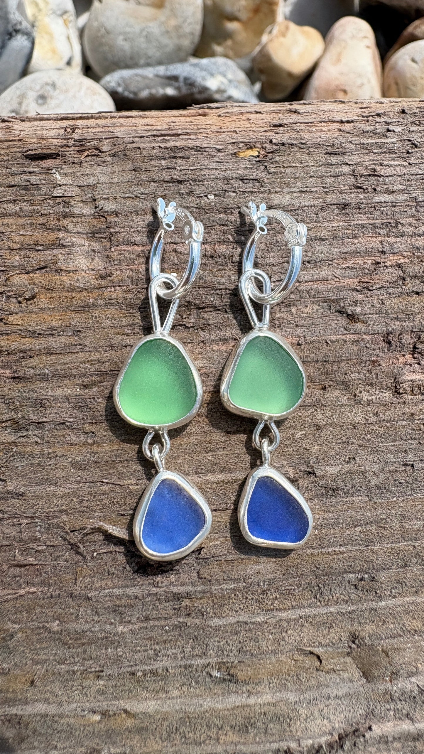 Blue and Green Double Seaglass Earrings