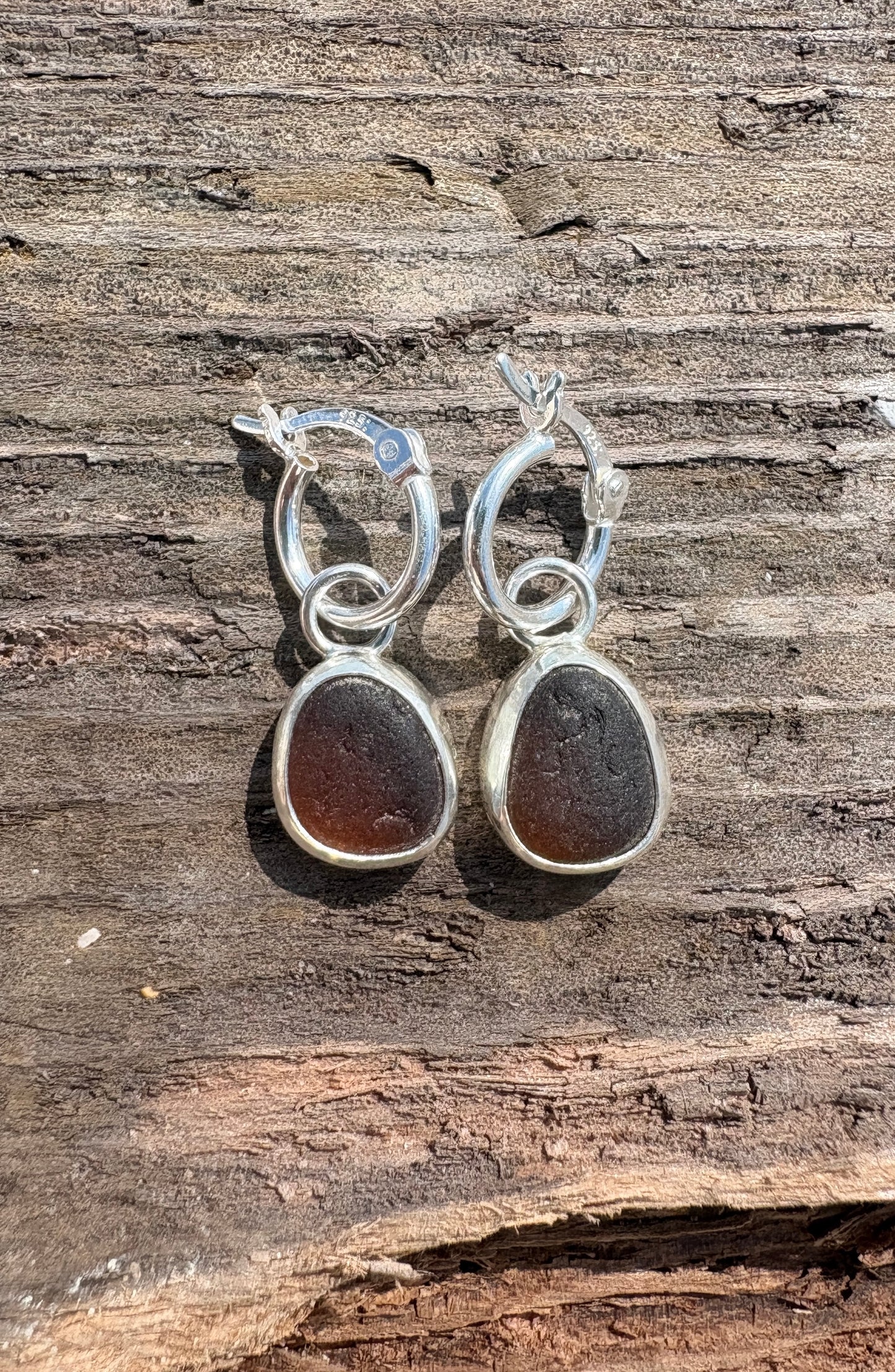 Brown Seaglass Hoop Earrings