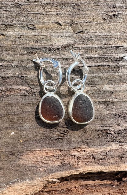Brown Seaglass Hoop Earrings