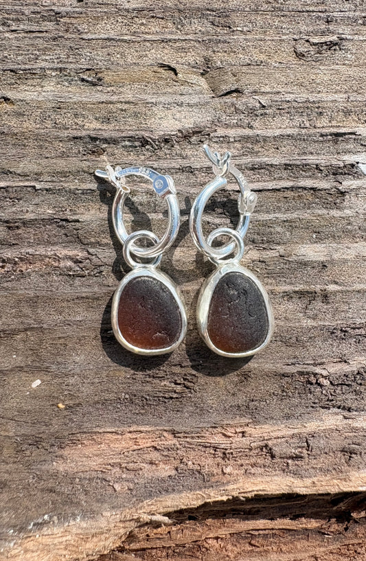 Brown Seaglass Hoop Earrings