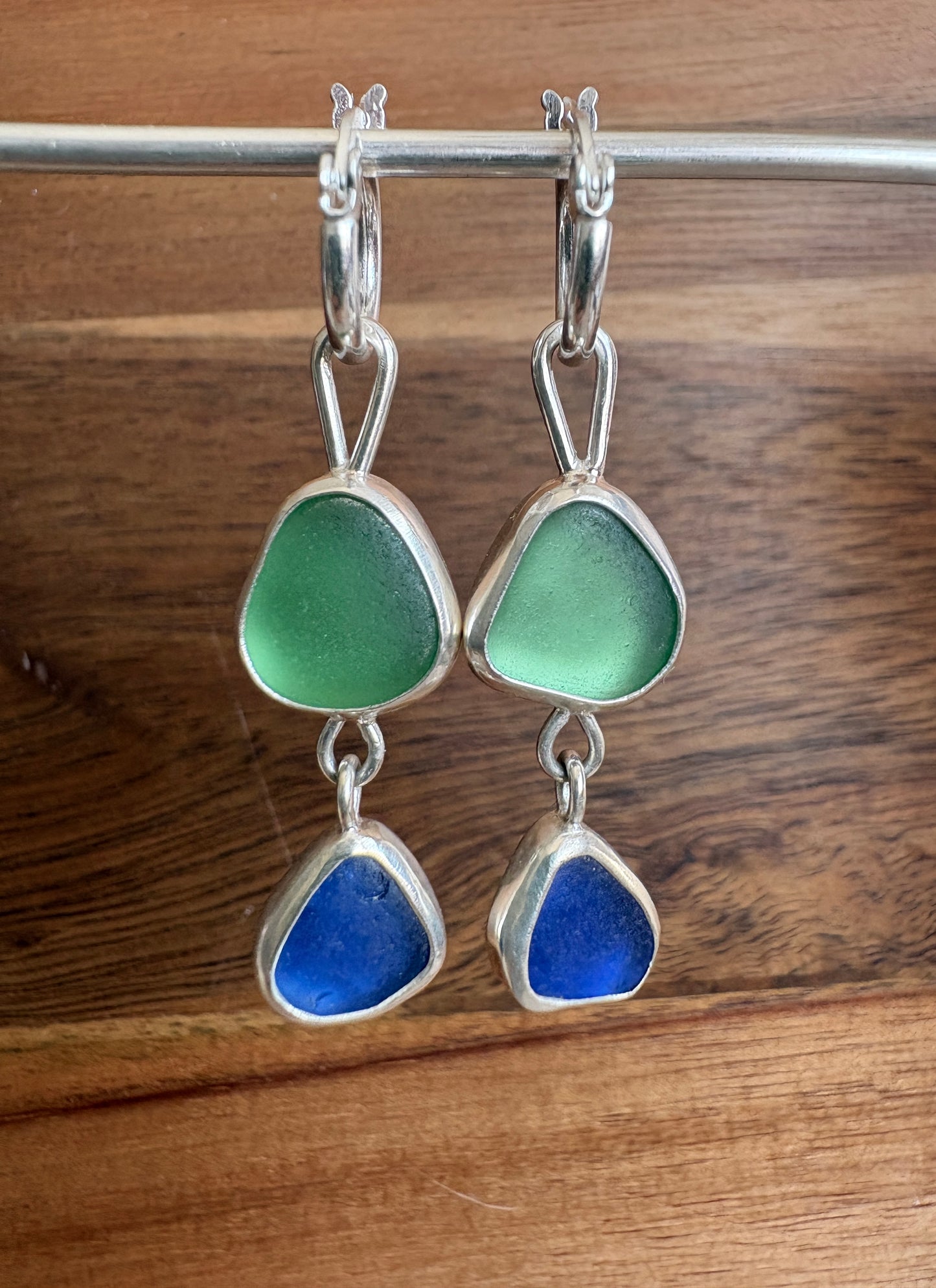 Blue and Green Double Seaglass Earrings