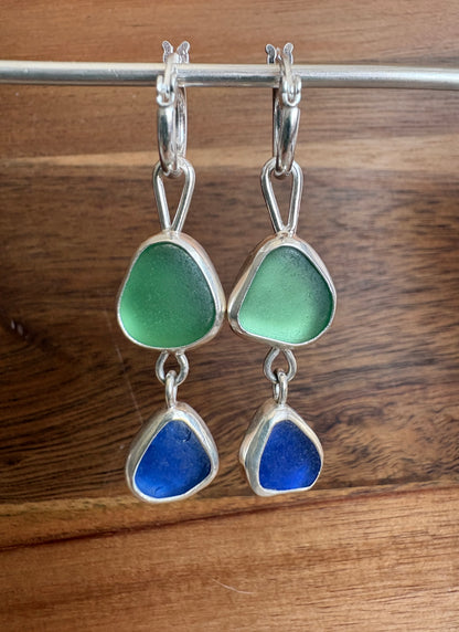 Blue and Green Double Seaglass Earrings
