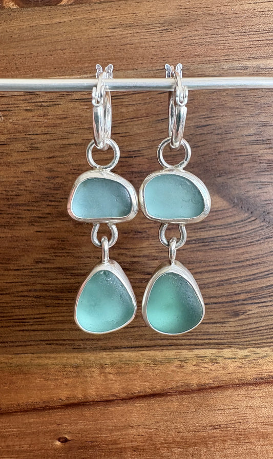 Aqua Blue and Teal Double Seaglass Earrings