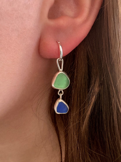 Blue and Green Double Seaglass Earrings