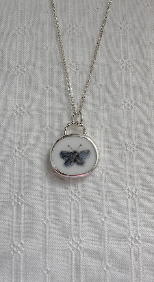 Blue Butterfly Ceramic Pendant Necklace