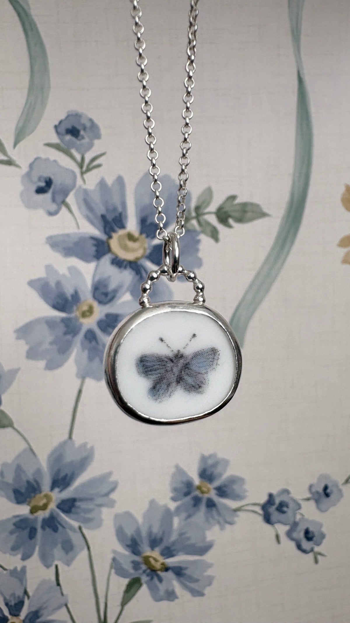 Blue Butterfly Ceramic Pendant Necklace