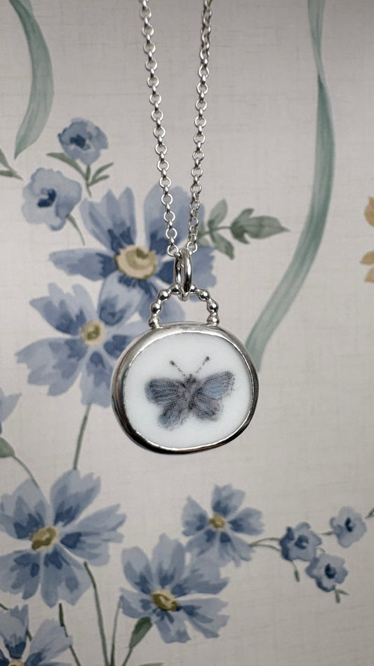 Blue Butterfly Ceramic Pendant Necklace