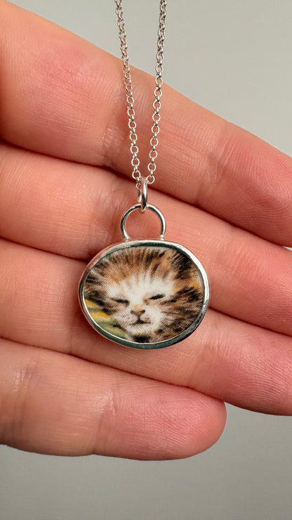 Sleeping Kitten Ceramic Pendant Necklace