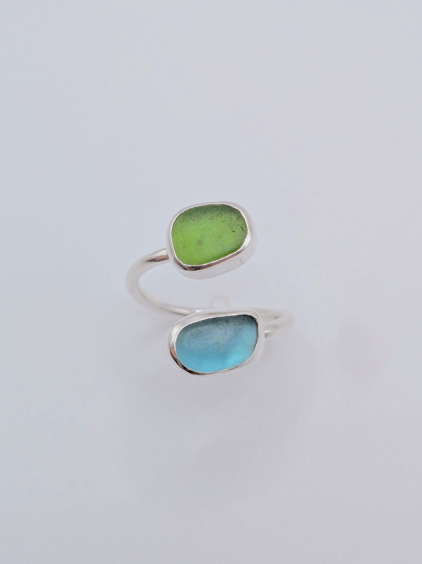 Adjustable Blue and Green Seaglass Ring