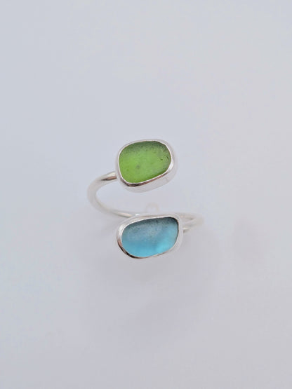 Adjustable Blue and Green Seaglass Ring