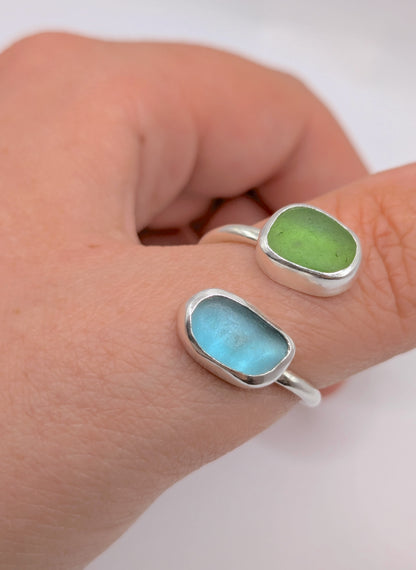 Adjustable Blue and Green Seaglass Ring