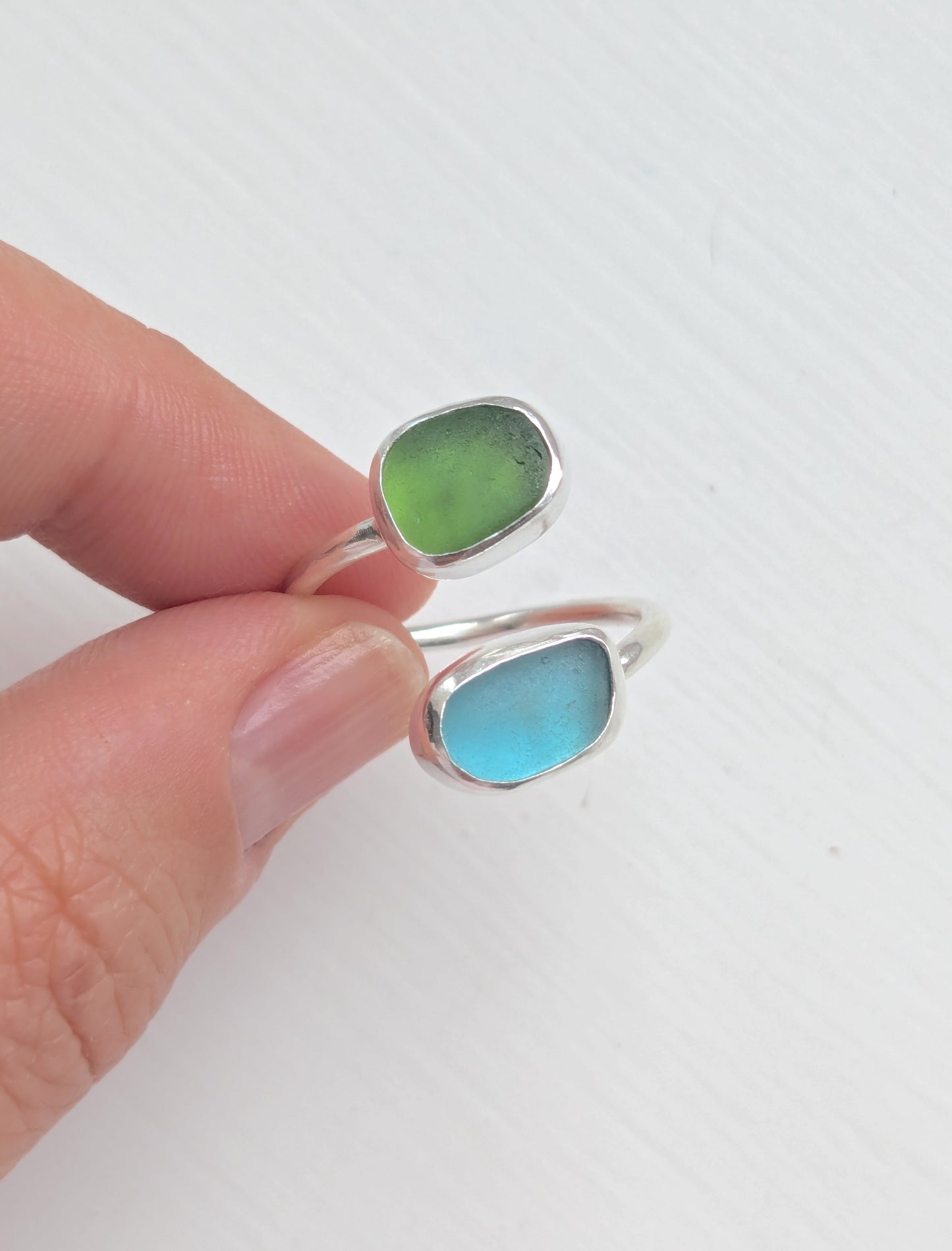 Adjustable Blue and Green Seaglass Ring