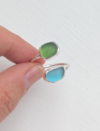 Adjustable Blue and Green Seaglass Ring