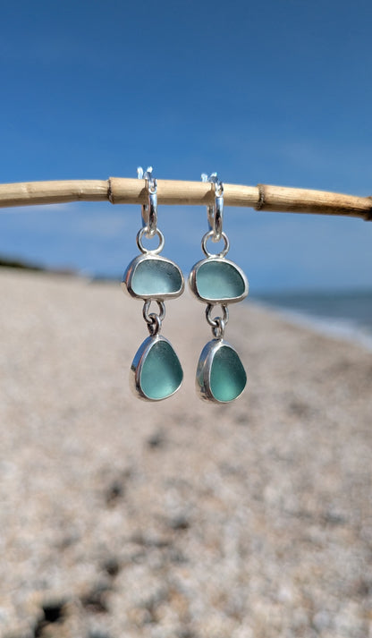 Aqua Blue and Teal Double Seaglass Earrings
