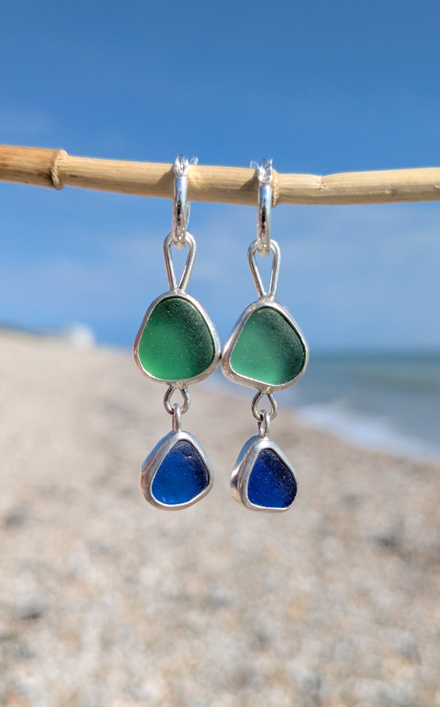 Blue and Green Double Seaglass Earrings