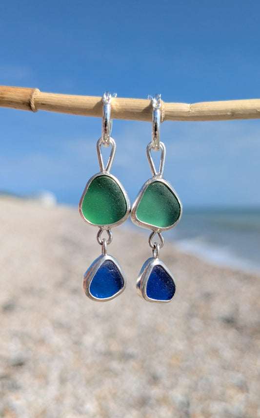 Blue and Green Double Seaglass Earrings